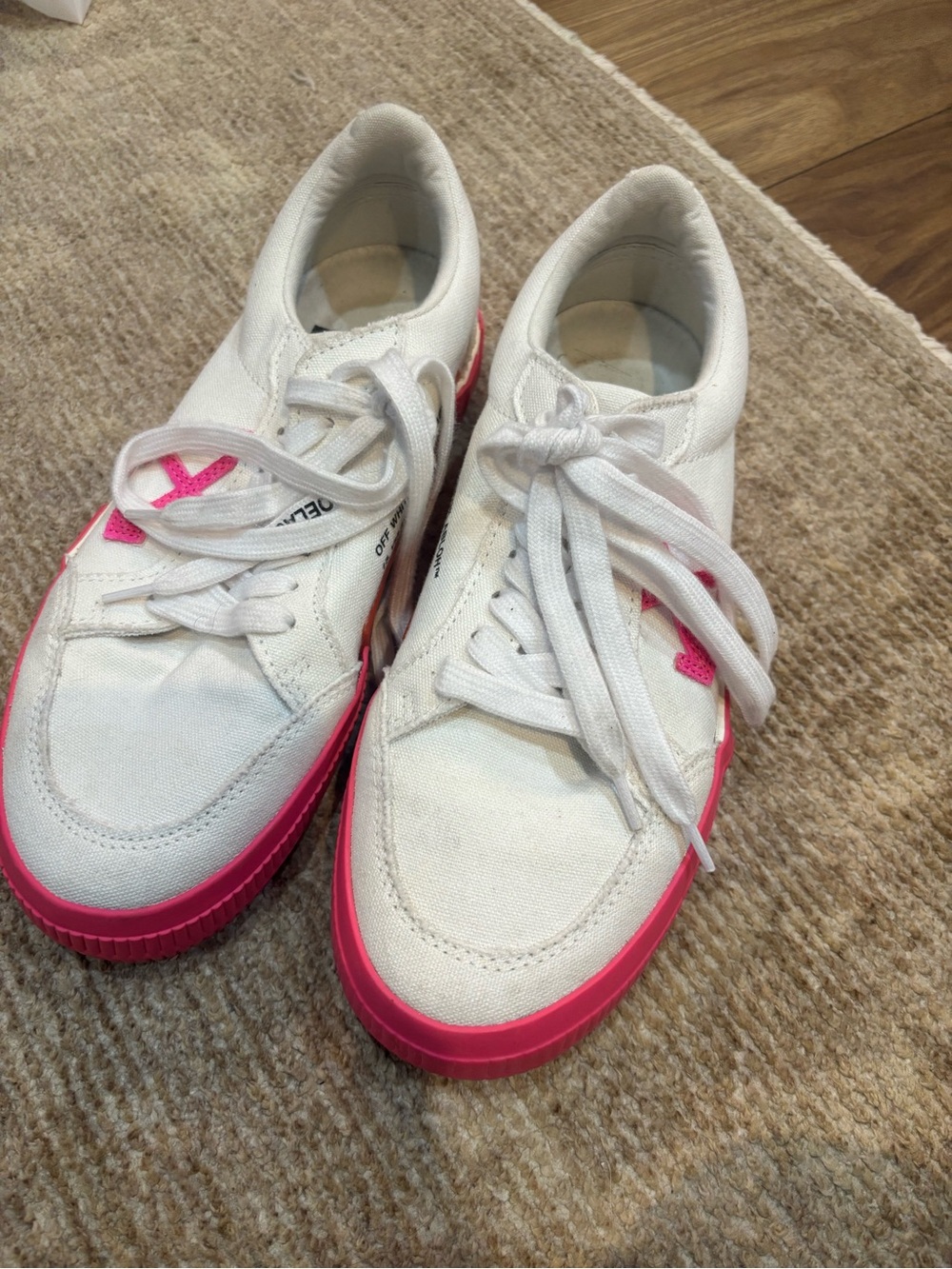 Off-White White Canvas Sneakers with Hot Pink Trim‎